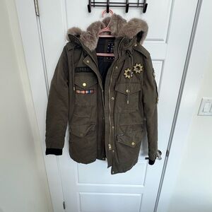 Superdry Women's Olive Military Coat with Faux Fur Hood